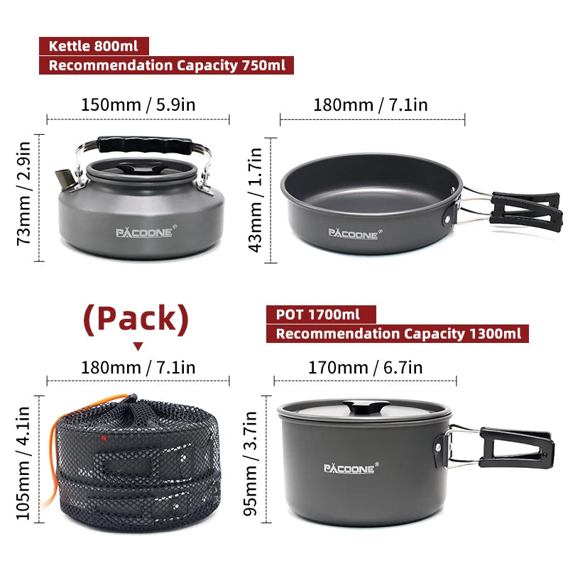Portable Cookware Kit Outdoor Pot Cooking Water Kettle Pan Set Tableware Hiking Picnic Equipment