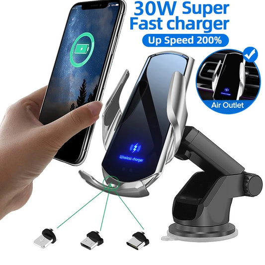 30W Car Wireless Charger for iPhone 15 14 13 12 11 Pro XR 8 Samsung S22 S21 S20 Huawei Xiaomi Magnetic USB Charging Phone Holder