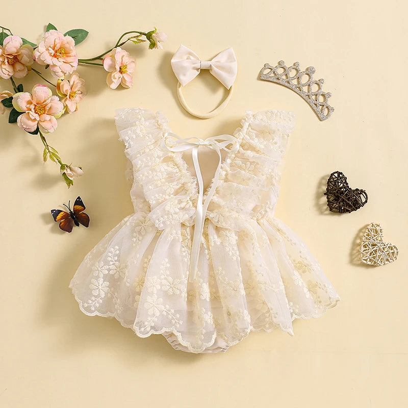Listenwind Baby Girl 2Pcs Summer Outfits Ruffle Sleeve Square Neck Lace Romper Dress with Headband Set For 0-24 Months