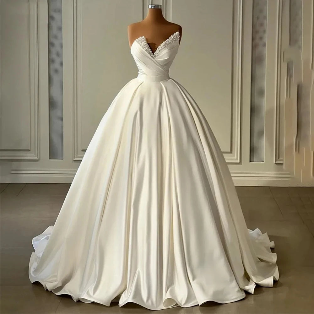Wedding Dresses Gorgeous Satin Simple Romantic Off Shoulder Sleeveless Fluffy Princess Style Mopping Bridal Gowns