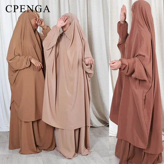 Jilbab 2 Piece Sets Muslim Women Hijab Dress Prayer Garment Abaya Long Khimar Ramadan Eid Plain Abayas Islamic Clothing Robe