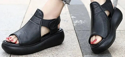 2024 Summer Shoes Thick Bottom Flat Platform Sandals For Women Genuine Cow Leather Fashion Wedges Peep Toe Women Sandals