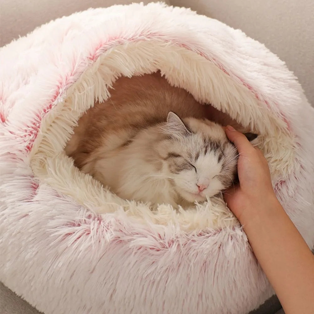 Warm Long Plush Pet Bed Enclosed Round Cat Cushion Comfortable Sleep Bag Cat Nest Kennel For Small Pet