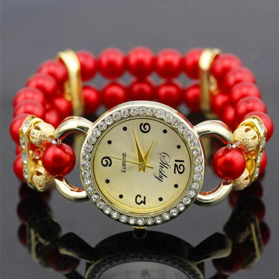Shsby New Women's Rhinestone Quartz Analog Bracelet Wrist Watch Lady Dress Watches With Colorful Pearls