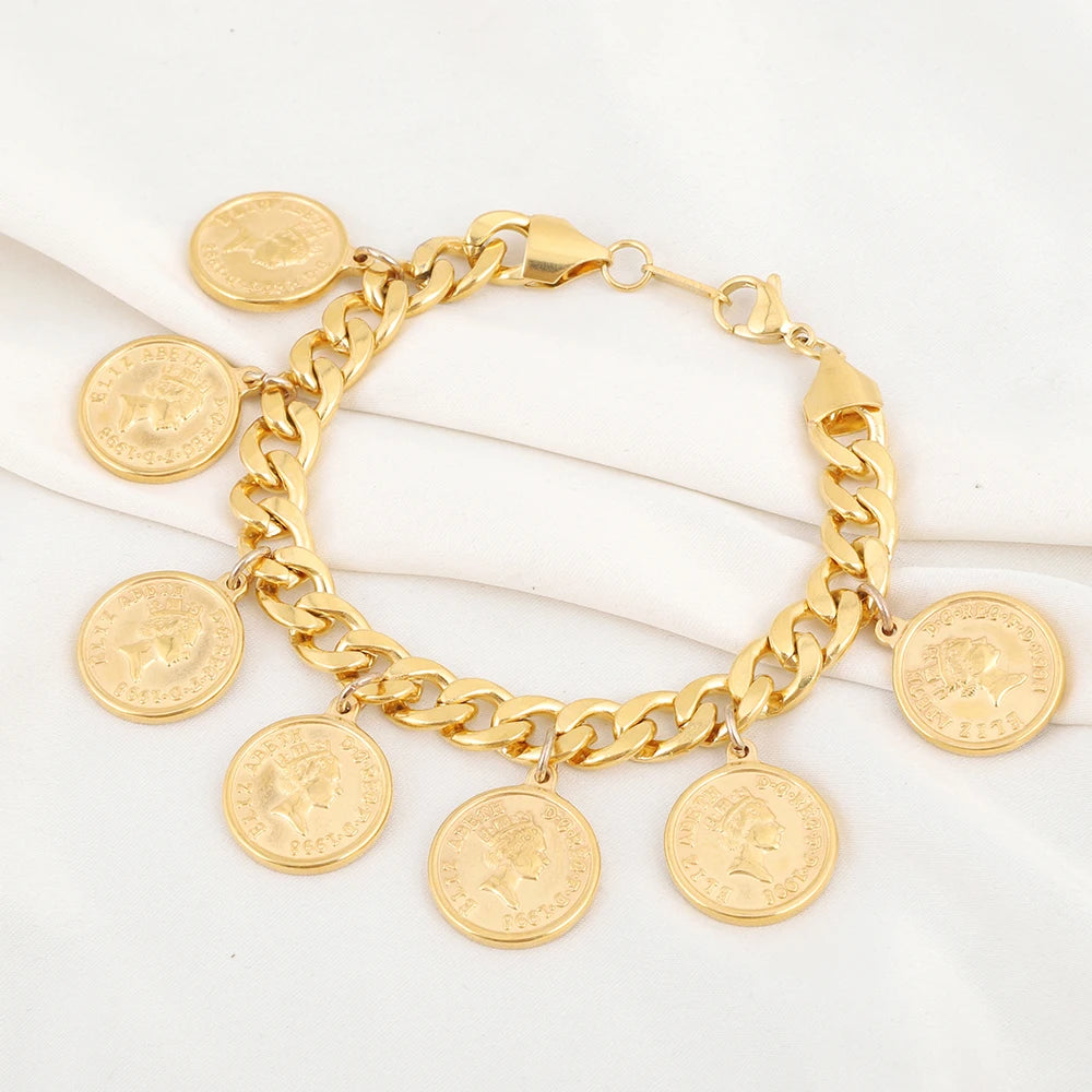 High Quality Stainless Steel Gold Color Thick Chain Bracelet Bangles Round Portrait Coin Carved Queen Avatar Pendant Jewelry