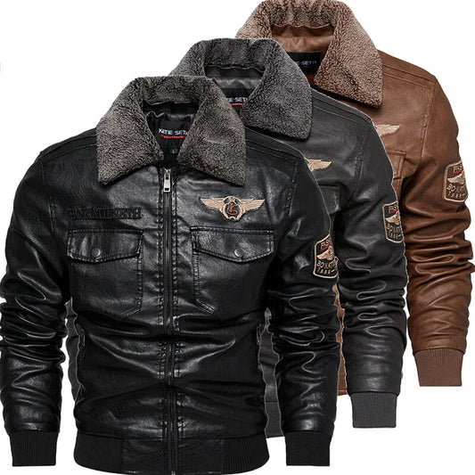 Men's Fleece PU Leather Jacket Patchwork Biker Jackets Casual Zipper Coat Male Motorcycle Jacket Slim Fit Fur Lined Outwear Coat