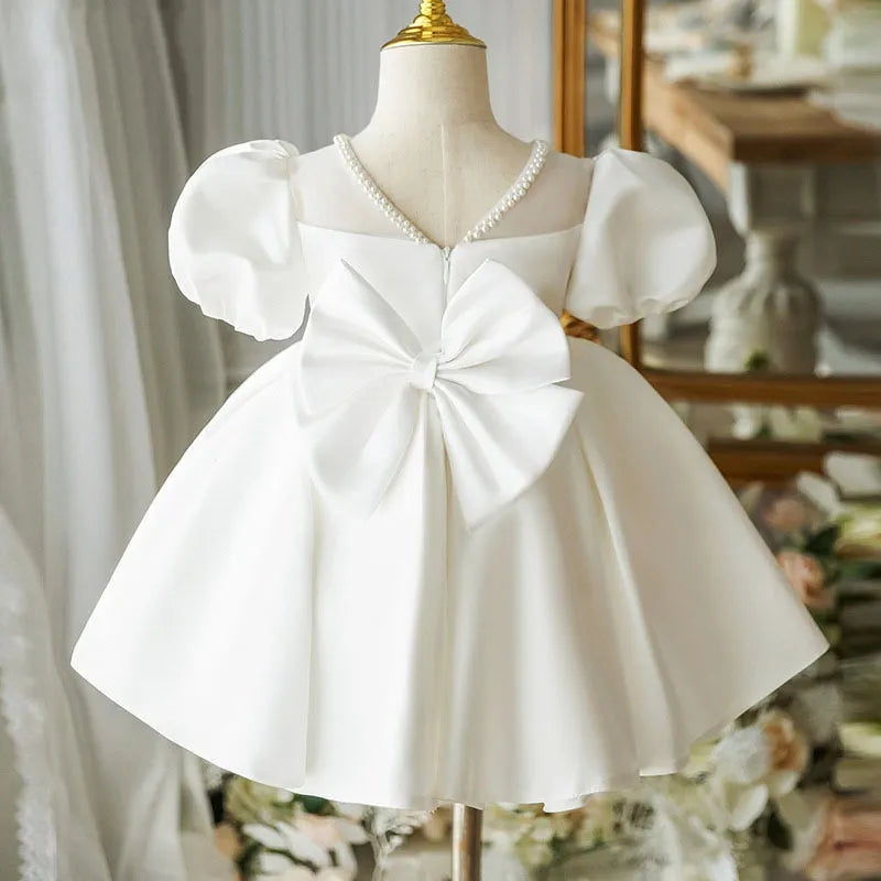 Baby Girl Princess Pearl Neck Dress Puff Sleeve Infant Toddler Child Vintage Vestido Party Pageant Birthday Baptism Frocks 1-12Y