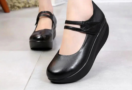 Women Genuine Leather Shoes Casual Wedge Shoes Ankle Straps Shallow Mouth Shoes Platform Soft Sole Lady Swing Shoes
