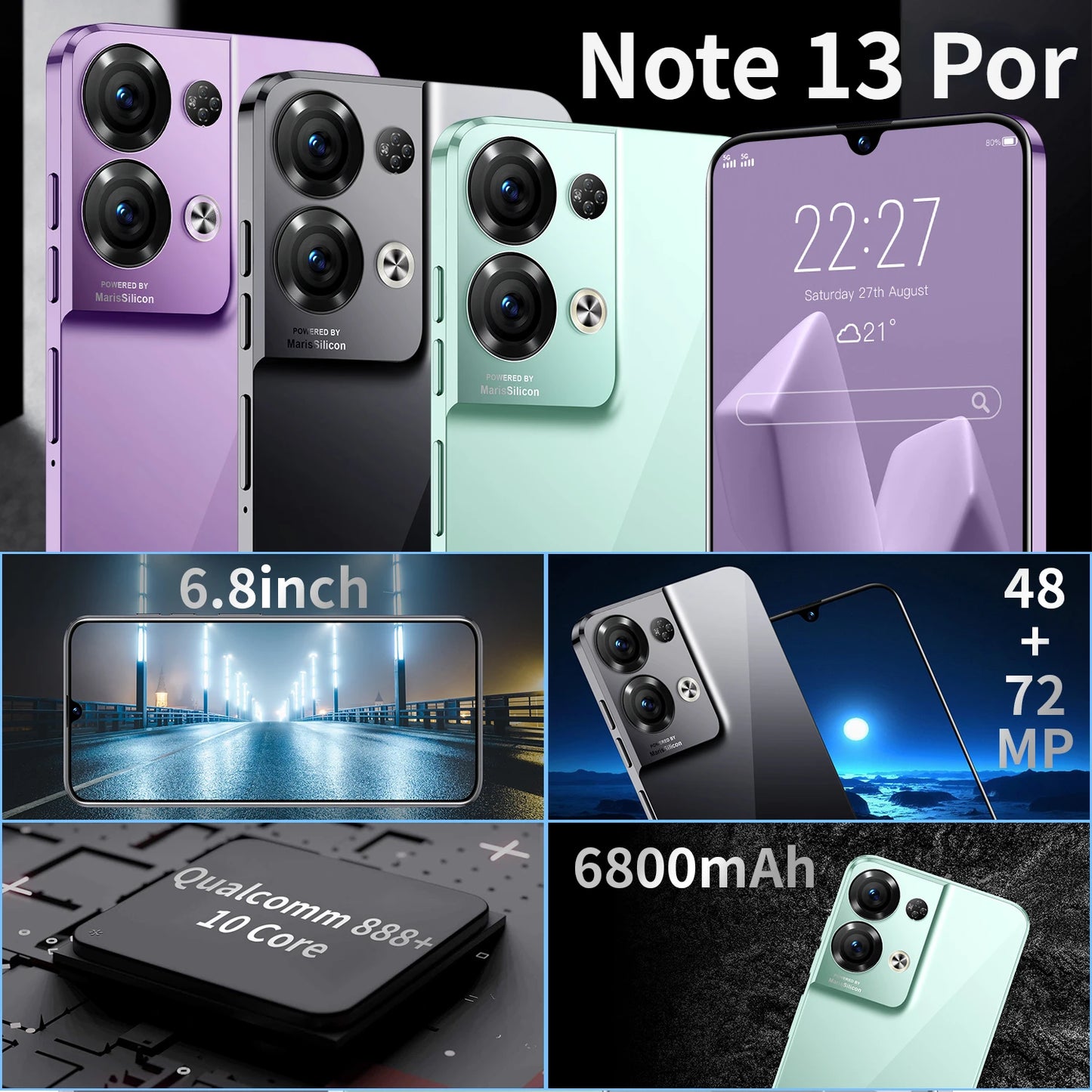 😘 Note 13 Pro Smartphone 5G Original Mobile Phone 16+1TB 6.8inch HD Screen Unlocked Dual SIM Cards Cell phone