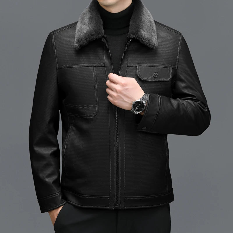 ZDT-8051 Men's Genuine Leather Down Coat Winter Genuine Leather Coat Sheepskin Jacket Lapel Thickened Casual Coat