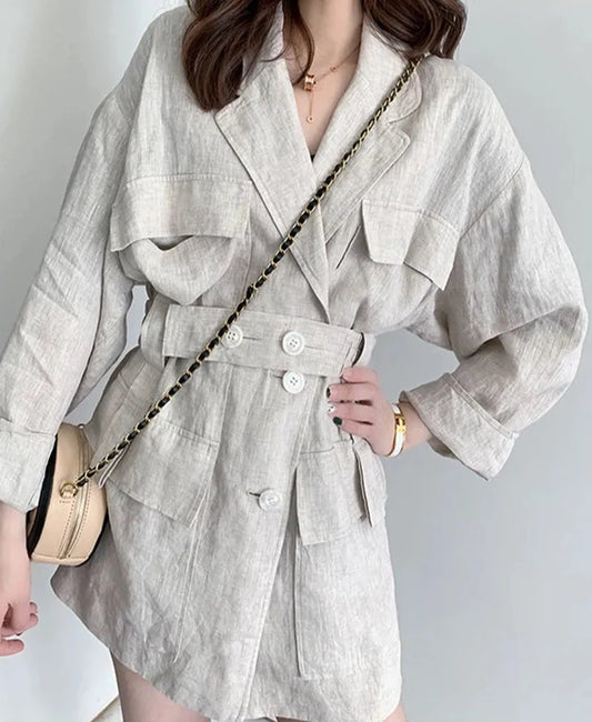 [EAM] Loose Fit Linen Button Split Joint Big Size Jacket New Lapel Long Sleeve Women Coat Fashion Tide Spring 2023 1X5010