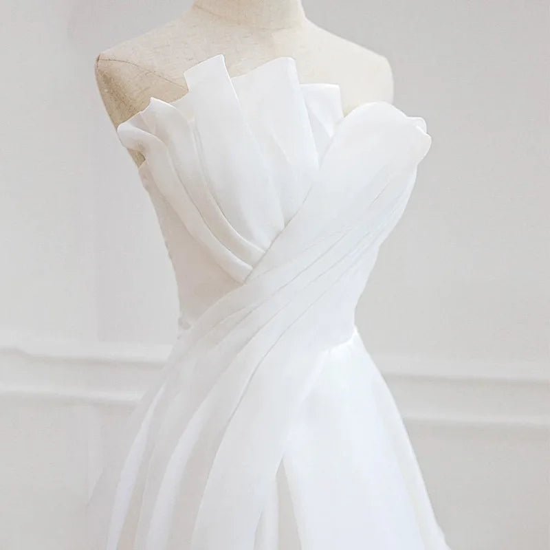 Luxury White Satin Chiffon Strapless Wedding Trailing Dresses