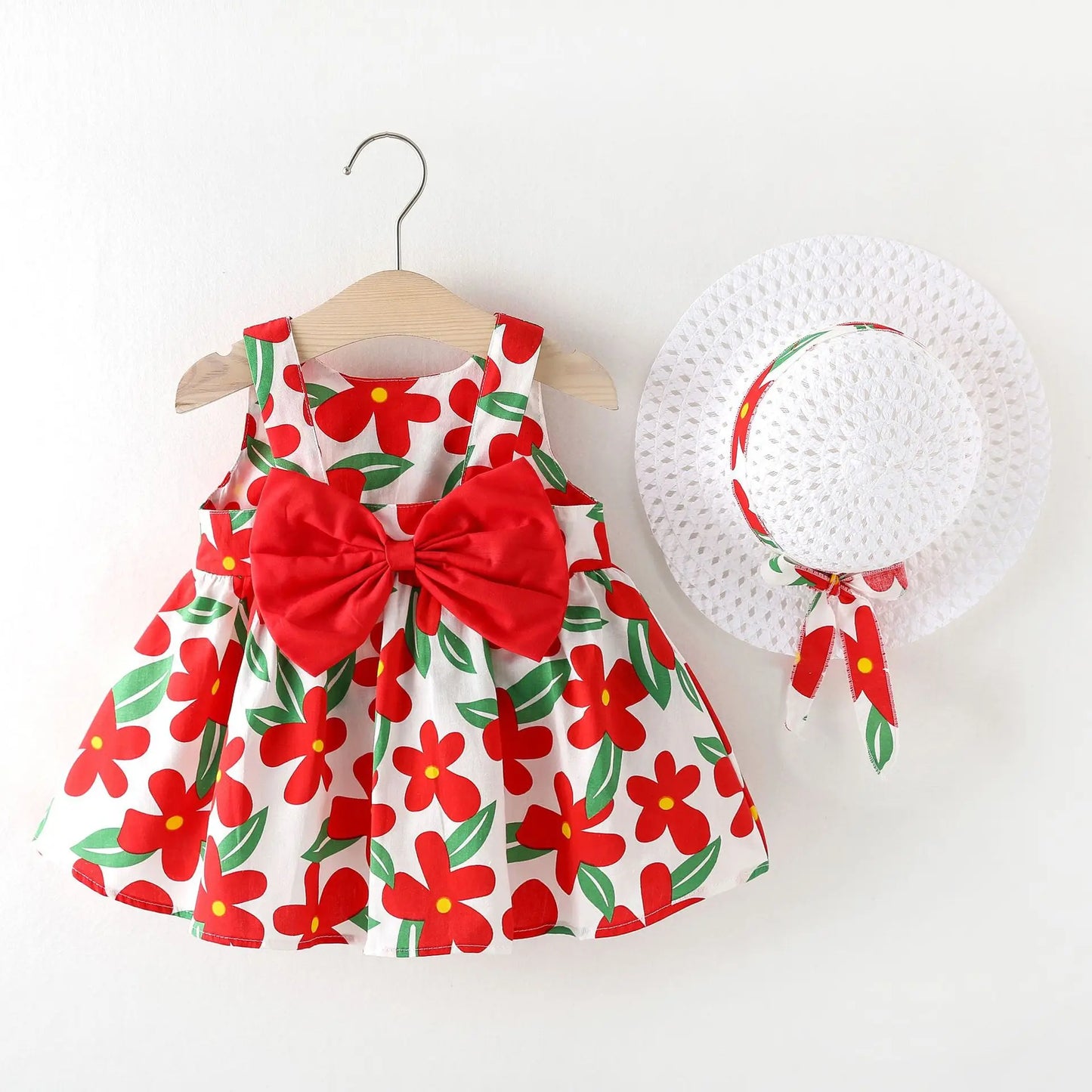 Summer Toddler Girl Clothing New Baby Girl Vest Dress Princess Beach Dress Big Bow Flower Dresses + Hat Newborn Clothing Set