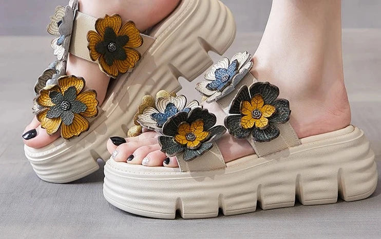 Flower Genuine Leather Summer Women Platform Leisure Novelty Slippers Luxury Elegance Sandals Shoes