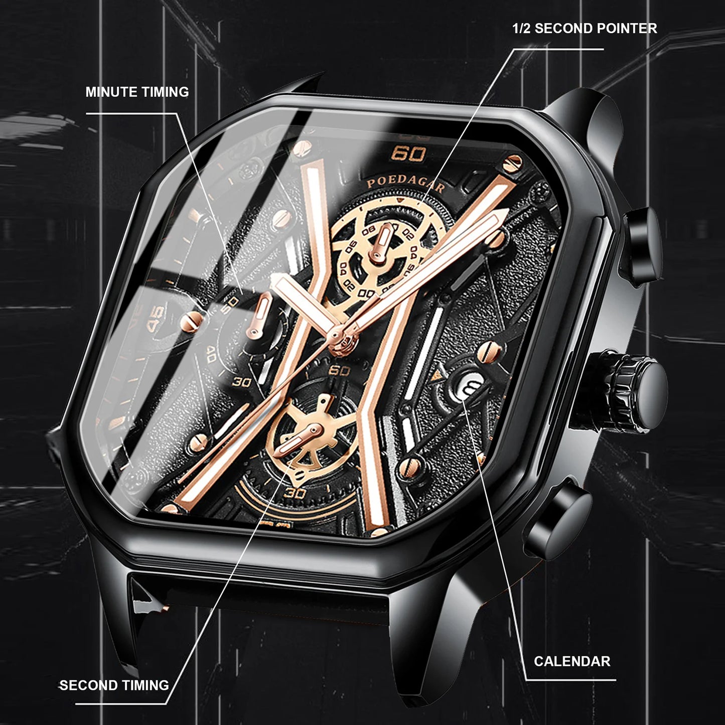 Fashion Men Wristwatches Luxury Chronograph Luminous Waterproof Date Man Watch Square Dial Leather Quartz Men's Watches