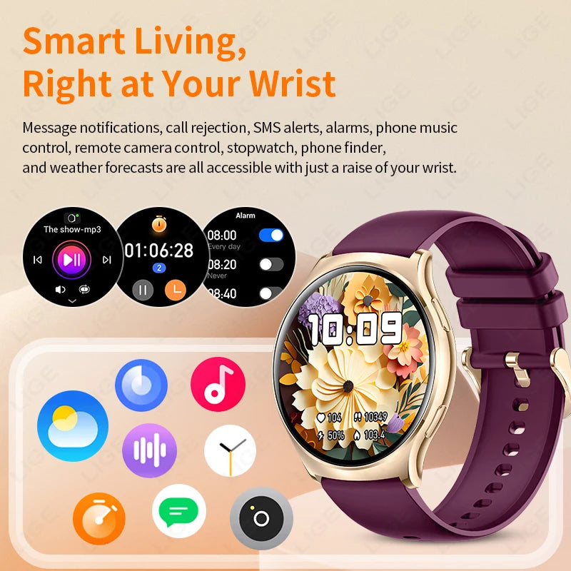 LIGE AMOLED Smart Watch AI Voice Woman Sport Fitness Bluetooth Call Waterproof Bracelet Heart Rate Tracker For Smartwatch Ladies