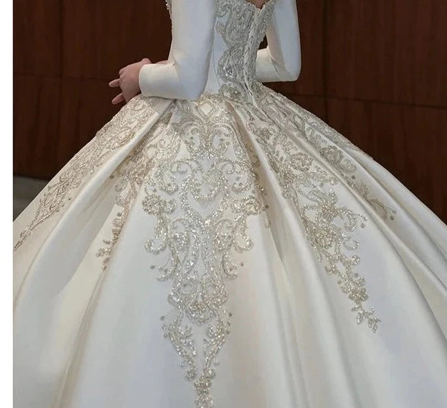 Satin Wedding Dress 2024 New Spring  Bride Ball Gown Heavy Industry Lusury Beading Long Sleeve Plus Size Vintage Court Style
