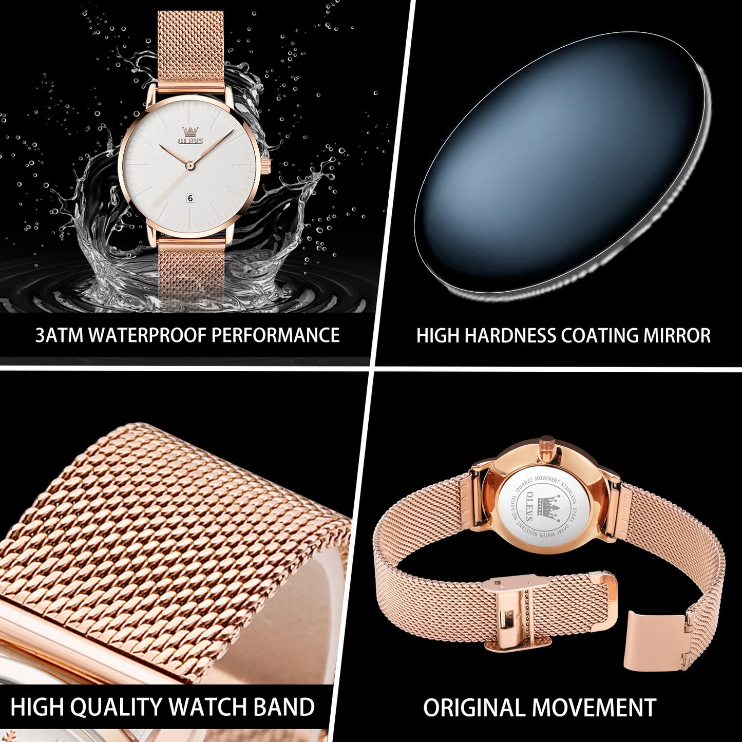 OLEVS Luxury Fashion Watch For Women Rose Gold Waterproof Quartz Ladies Wristwatch Mesh Belt Casual Date Clock Reloj Para Mujer