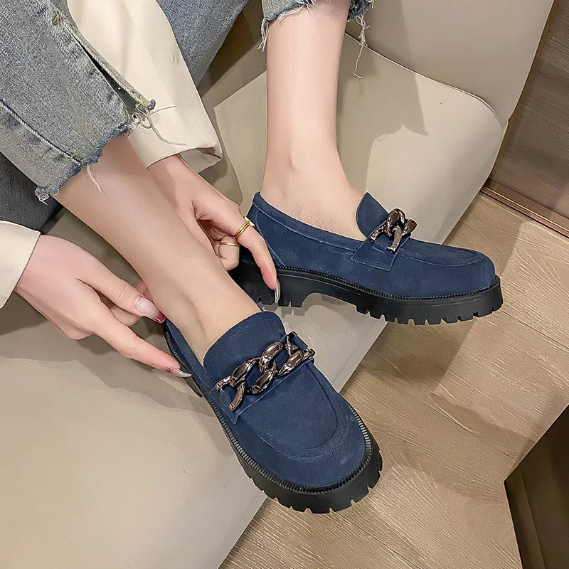 Women Loafers Suede Genuine Leather 2023 New Chain British Style Women Spring Shoes Large Size 41 42 Student Shoes Ladies High