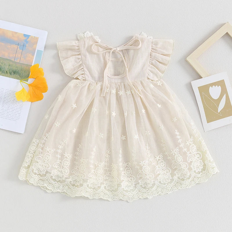 Toddler Baby Girl Floral Dress Fly Sleeve Flower Print Smocked Dress Embroidery Lace Dress Sundress Princess Dress