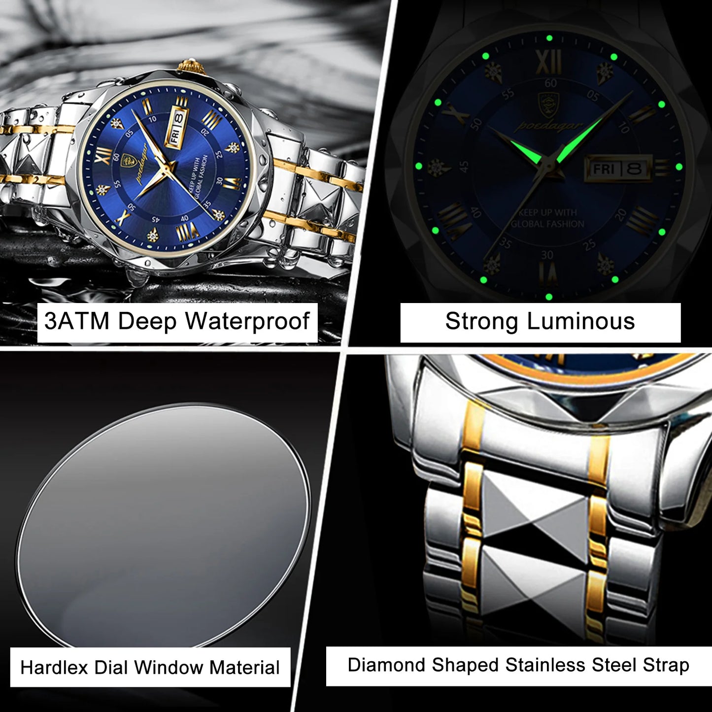 🍒POEDAGAR Top Brand Luxury Man Wristwatch Waterproof Luminous Date Week Men Watches Stainless Steel Quartz Men's Watch Male reloj
