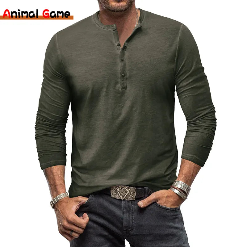 New Men's Cotton Henley Shirt Long Sleeve Shirt Basic Casual Band Collar T Shirts