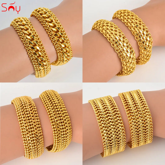 Sunny Jewelry 12MM-20MM Big Wide For Women Men Bracelet 18K Gold Plated Double Weaving Rolo Cable Curb Unisex Link Chain Gift