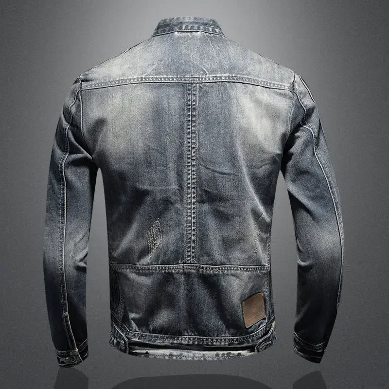 2023 new men's denim jacket trendy retro fashion casual stand-up collar zipper jacket handsome riding biker clothing denim tops