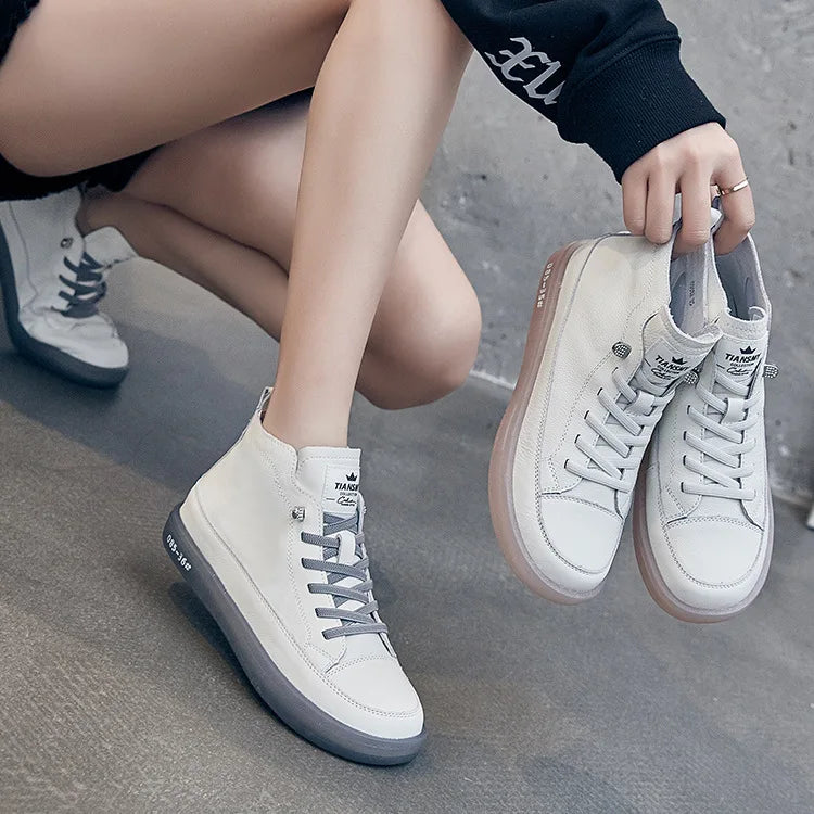GKTINOO Women Genuine Leather Sneakers Spring Lace-up Casual White Shoes Autumn Cow Leather Ladies High Top Vulcanized Shoes