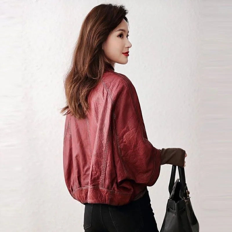 Quality Leather Female Short Loose Imitation Sheep Skin Coat Jacket Solid Color 2023 Autumn New Korean Version of Light Ripe Air