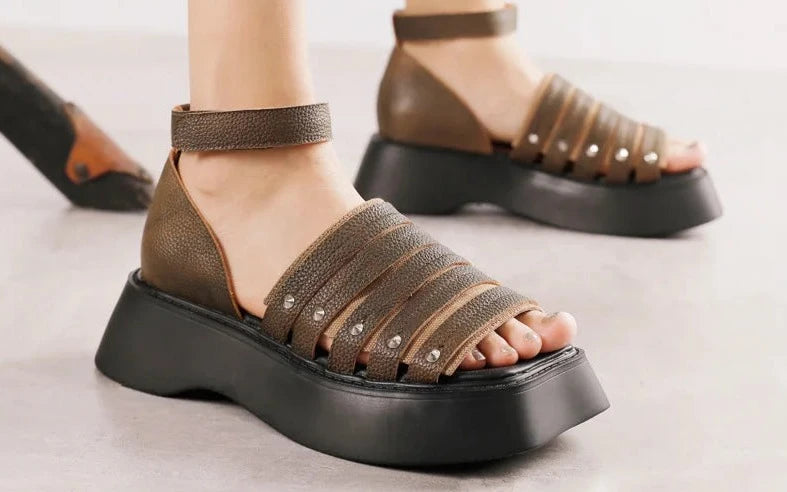 Leather Retro Women Shoes Summer Sandals 2024 New Hook & Loop Handmade Concise Leisure Platform Sandals