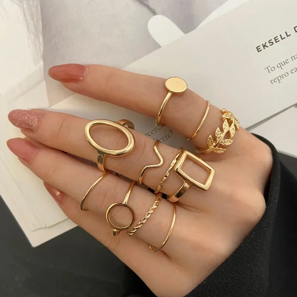 Boho Gold Color Heart Rings Set For Women Vintage Geometric Cross Pearl Butterfly Finger Rings Female Trendy Jewelry Gift