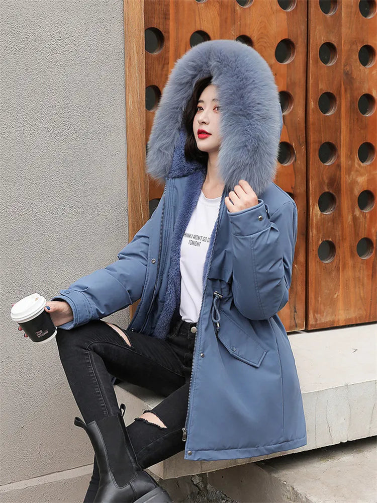 Winter Coat Low Price On Sale Women Beige Add Wool Thick Warmth Fur Hooded Parkas Jacket 2023 New Fashion Belt Slim Cotton Coat