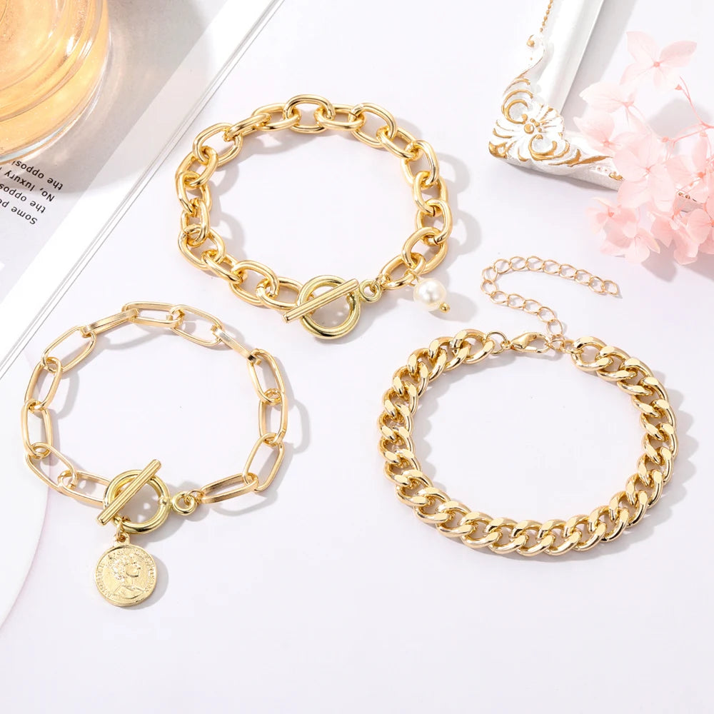 KISSWIFE Golden Cuban Link Chain Bracelets On the Hand Exaggerated Thick Chain Coin Pendant Bracelet for Women Fashion Jewelry