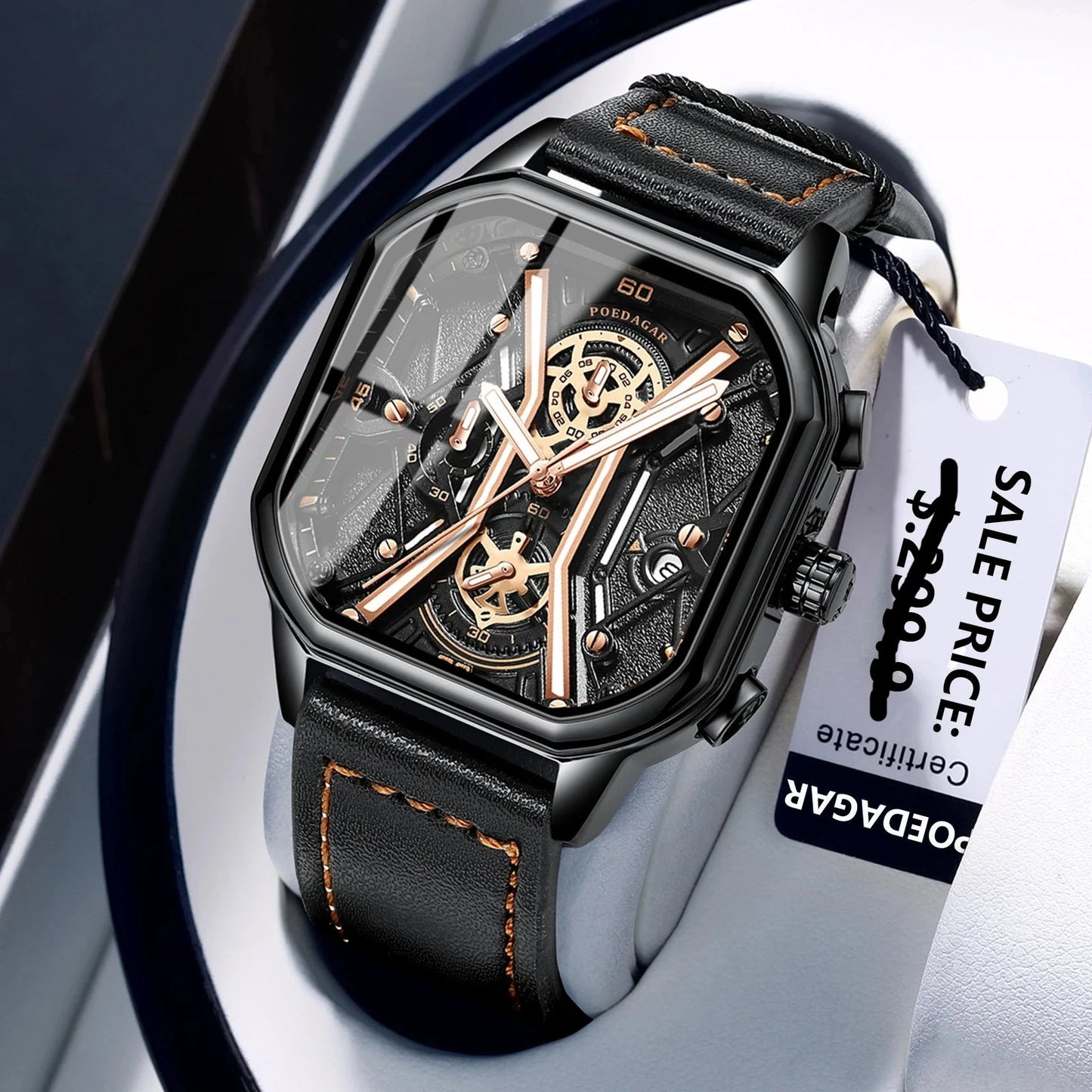Fashion Men Wristwatches Luxury Chronograph Luminous Waterproof Date Man Watch Square Dial Leather Quartz Men's Watches