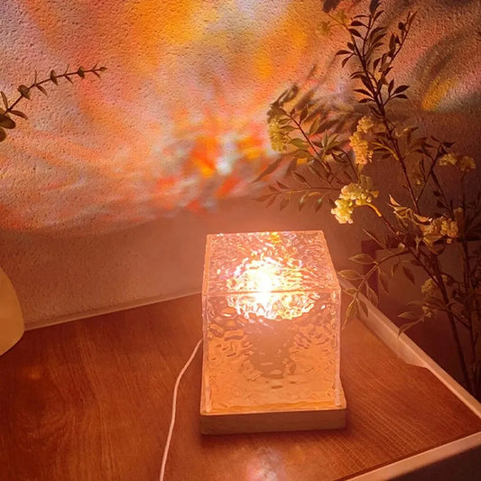Projector Night Light Crystal Water Ripple Projection Flame Bedroom Decor for Bedside Birthday Holiday Gift