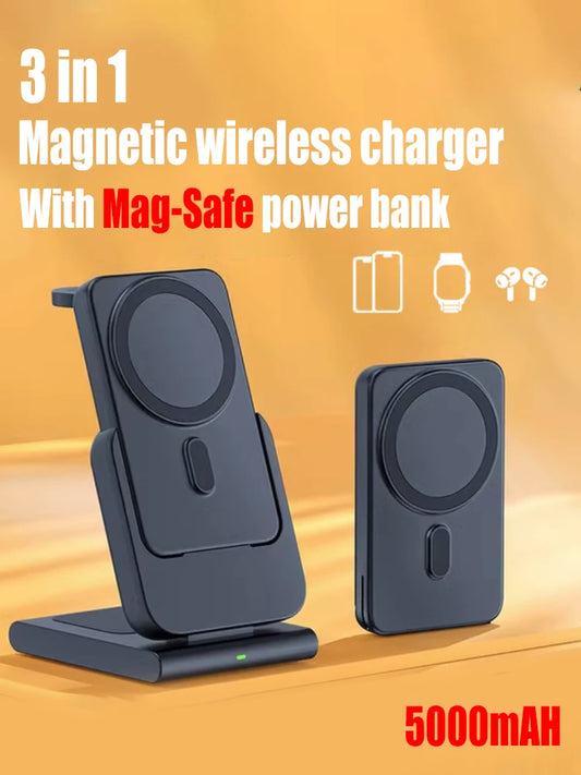 MacSafe 3in1 Magnetic Wireless Power Bank Charger Station 5000mAh External Auxiliary Battery For iPhone 15 14 13 12 Apple Watch