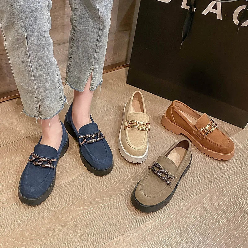Women Loafers Suede Genuine Leather 2023 New Chain British Style Women Spring Shoes Large Size 41 42 Student Shoes Ladies High
