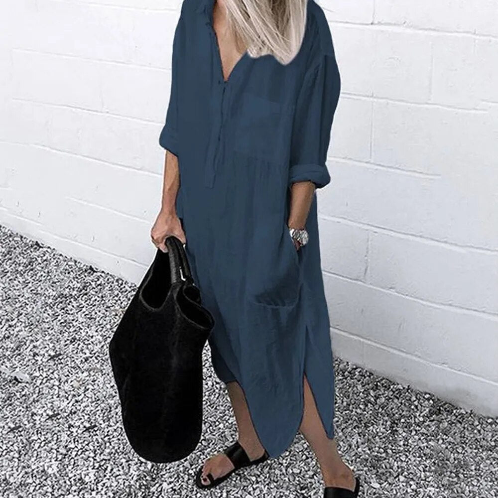 🥰Cotton Linen Long Dress for Women 2023 Summer Casual Short Sleeve Shirt Dress Oversized Female Clothing