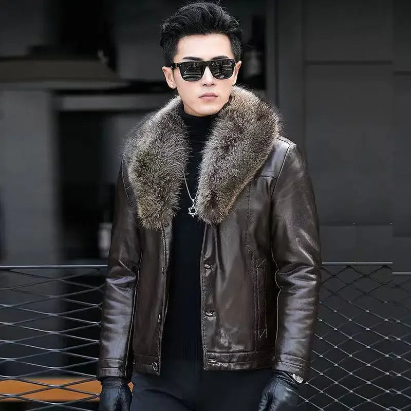 Men's Fur Coat Collar Detachable Fashionable Thickened Winter Leather Jacket Male Warm Overcoat