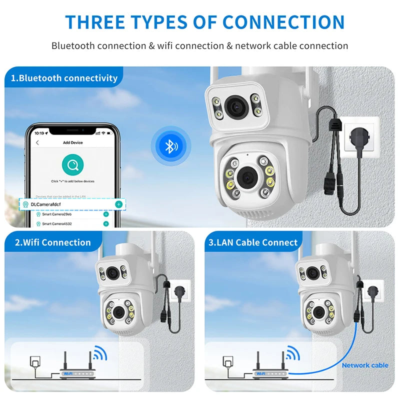 📹4K 8MP PTZ Wifi Dual Camera Lens with Dual Screen CCTV Ai Human Detect Auto Tracking Wireless Outdoor Surveillance Camera