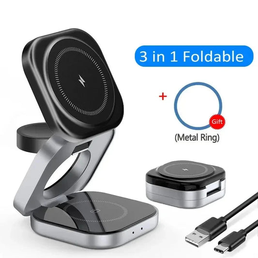 3 In 1 Magnetic Wireless Charger Stand For iPhone 15 14 13 Pro Max IWatch AirPods 3/2 Foldable Fast Charging Holder Dock Station