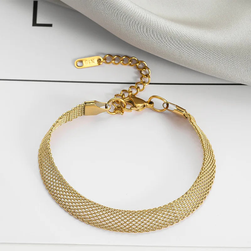 OIMG 316L Stainless Steel Gold Color Woven Mesh Chain Bracelet & Bangle For Women Girl Not Fade Simple Punk Jewelry