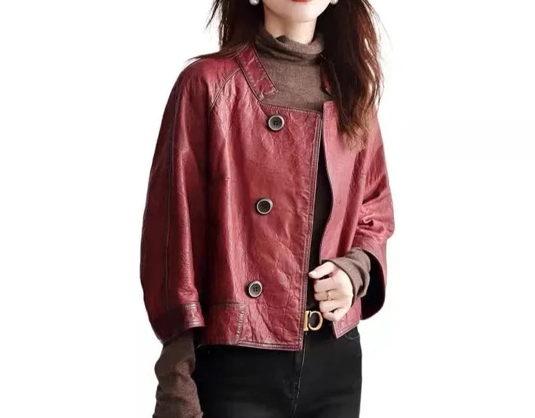 Quality Leather Female Short Loose Imitation Sheep Skin Coat Jacket Solid Color 2023 Autumn New Korean Version of Light Ripe Air