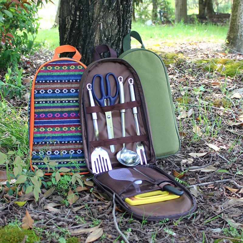 Camping Kitchen Utensil Set with Carrying Bag BBQ Beach Hiking Travel Organizer Storage Pack Cook Gadgets Equipment Gear