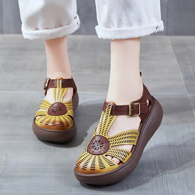 Genuine Leather Shoes Women Sandals Mixed Colors Retro Buckle Strap 2024 New Wedges Handmade Concise Platform Sandals