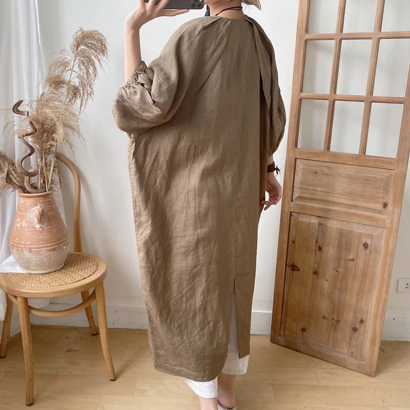 New Long Vintage Linen Trench 2023 Casual V-neck Single Button Loose Slits All Match Women Coats