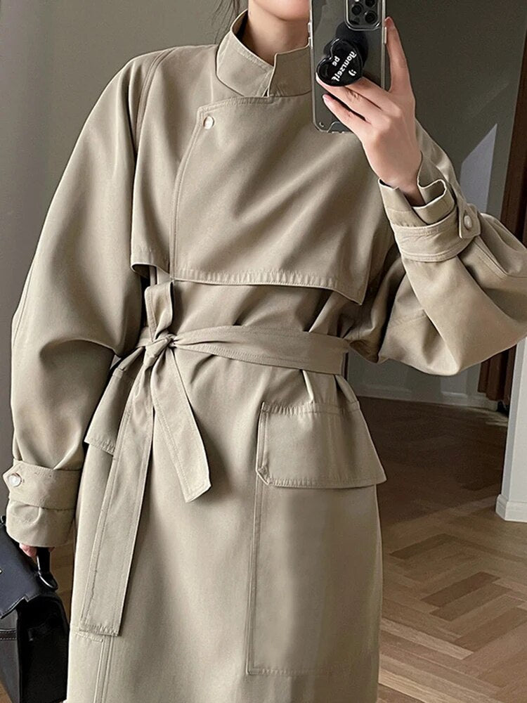 [LANMREM] Elegant Lace-up Design Long Trench For Women Solid Lapel Spliced Simplicity Female Overcoat 2023 Autumn New Clothing