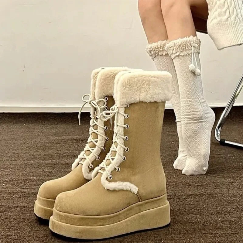 New Fashion Women‘s Ankle Boots 2023 Winter Warm Short Plush Lace-up Flat with Outdoors Non-slip Women Snow Boots Botas Mujer