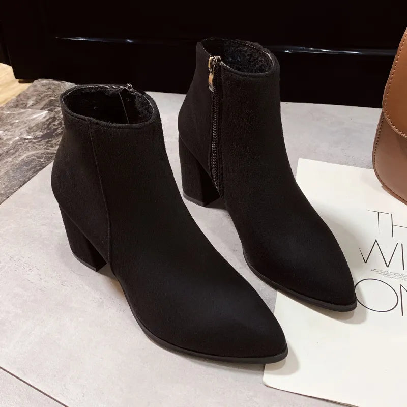 2022 Fashion Short Boots Women's Pointed Toe Thick Heel Autumn and Winter New Thin Side Zipper Comfortable Bare Boots Women